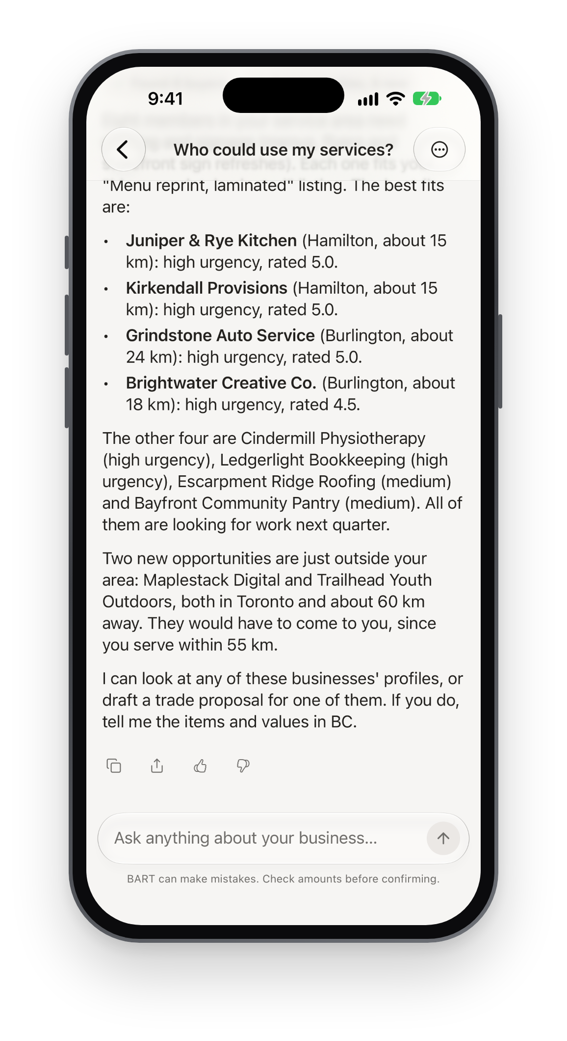 The BarterMax app on an iPhone: BART answering “Who could use my services?” with nearby members that fit.